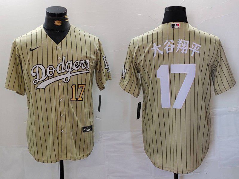 Men Los Angeles Dodgers 17 Ohtani Green Stripe Fashion Nike Game MLB Jersey style 7063